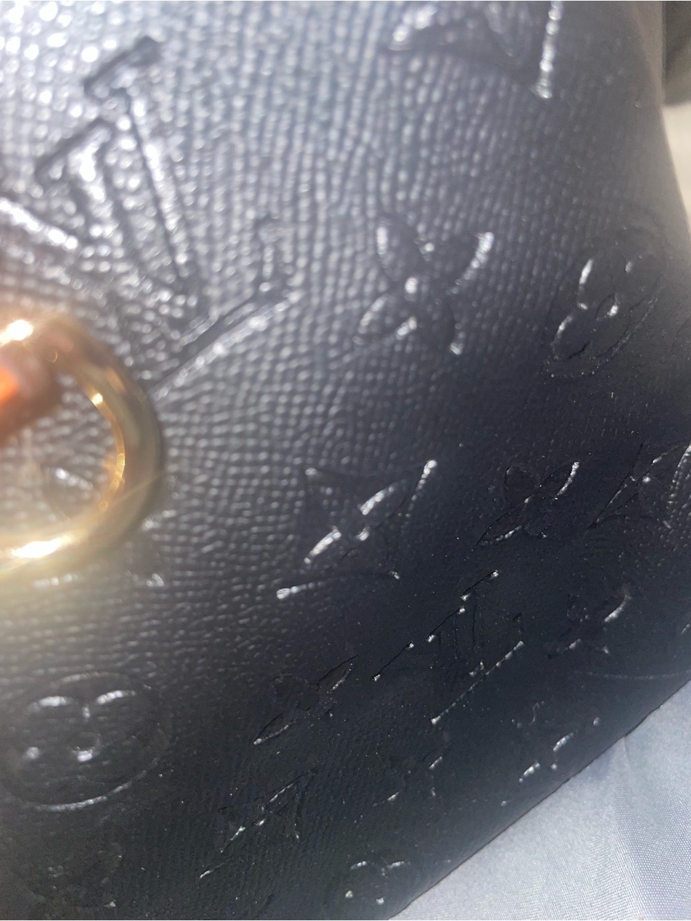 Black embossed monogram handbag, brown faux-crocodile trim & gold-tone hardware